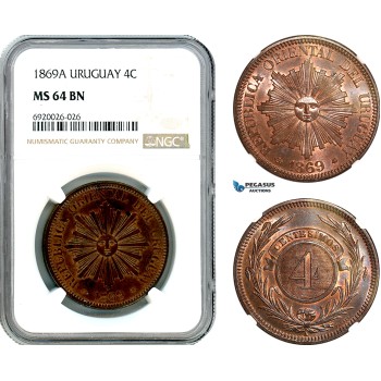 AK279, Uruguay, 4 Centesimos 1869 A, Paris Mint, NGC MS64BN