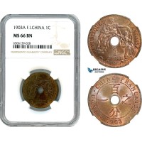 A7-224, French Indo-China, 1 Centime 1903 A, Paris Mint, KM# 8, Brilliant Mint luster, NGC MS66BN, Top Pop!