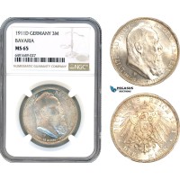 A7-232, Germany, Bavaria, Luitpold, Prince Regent, 3 Mark 1911 D, Munich Mint, Silver, J. 49, On his Birthday, Blast white! NGC MS65