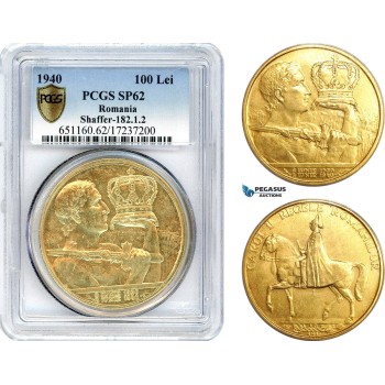 A7-536, Romania, Carol II, Pattern 100 Lei 1940, Bucharest Mint, Gilt Bronze, Schäffer/Stambuliu 182-1.2, PCGS SP62, Rare!