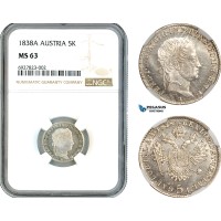 AK280, Austria, Ferdinand I, 5 Kreuzer 1838 A, Vienna Mint, Silver, NGC MS63