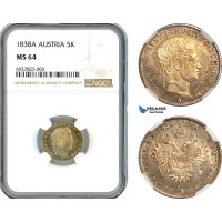 AK281, Austria, Ferdinand I, 5 Kreuzer 1838 A, Vienna Mint, Silver, NGC MS64