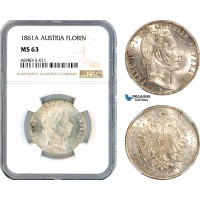 AK283, Austria, Franz Joseph, 1 Florin 1861 A, Vienna Mint, Silver, NGC MS63