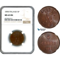 AK289, Finland, Nicholas II of Russia, 5 Penniä 1898, NGC MS63BN