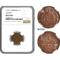 AK290, Germany, Saxony, Frederick August III, 1 Pfennig 1772 C, NGC MS63BN