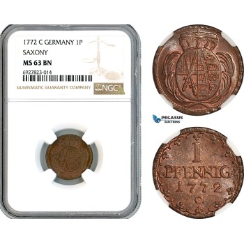 AK290, Germany, Saxony, Frederick August III, 1 Pfennig 1772 C, NGC MS63BN