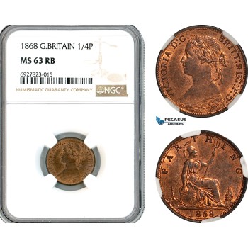 AK292, Great Britain, Victoria, Farthing (1/4 Penny) 1868, London Mint, NGC MS63RB