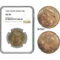 AK293, Hong Kong, Victoria, 50 Cents 1894, London Mint, Silver, NGC AU58