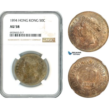 AK293, Hong Kong, Victoria, 50 Cents 1894, London Mint, Silver, NGC AU58