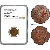 AK296, Netherlands East Indies, Batavian Republic, 1/2 Duit 1808, Holland Arms, NGC MS63BN