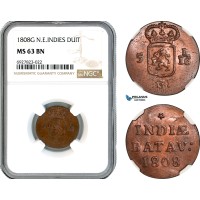 AK297, Netherlands East Indies, Batavian Republic, 1 Duit 1808, Holland Arms, NGC MS63BN