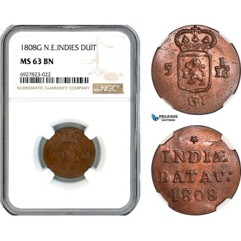 AK297, Netherlands East Indies, Batavian Republic, 1 Duit 1808, Holland Arms, NGC MS63BN