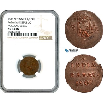 AK298, Netherlands East Indies, Batavian Republic, 1/2 Duit 1809, Holland Arms, NGC AU53BN, Double Struck Mint Error