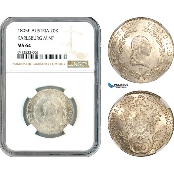 AK312, Austria, Franz II, 20 Kreuzer 1805­ E, Karlsburg Mint (Transylvania) Silver, NGC MS64