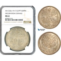 AK318, Egypt (Occupation Coinage) 20 Piastres AH1335/1917, Silver, NGC MS61