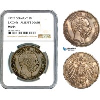 AK321, Germany, Saxony, Albert, 5 Mark 1902 E, Muldenhütten Mint, Albert's Death, Silver, NGC MS64