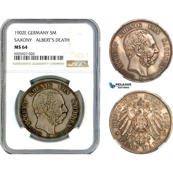 AK321, Germany, Saxony, Albert, 5 Mark 1902 E, Muldenhütten Mint, Albert's Death, Silver, NGC MS64