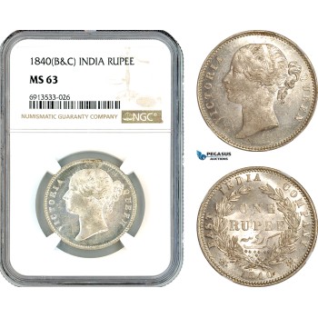 AK324, India (British) Victoria, 1 Rupee 1840 B&C, Silver, NGC MS63