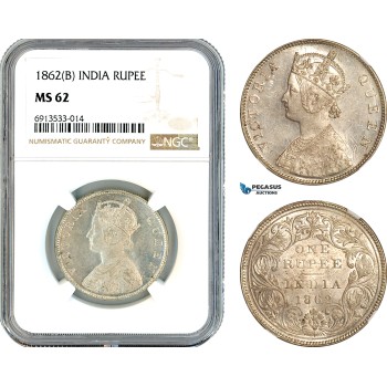 AK327, India (British) Victoria, 1 Rupee 1862 B, Bombay Mint, Silver, NGC MS62