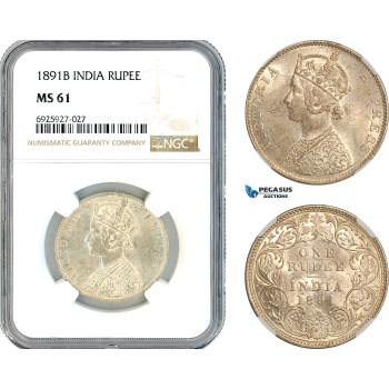 AK331, India (British) Victoria, 1 Rupee 1891 B, Bombay Mint, Silver, NGC MS61