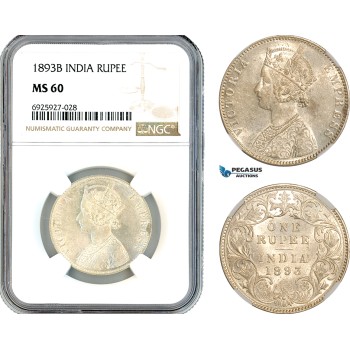 AK332, India (British) Victoria, 1 Rupee 1893 B, Bombay Mint, Silver, NGC MS60