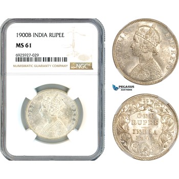 AK333, India (British) Victoria, 1 Rupee 1900 B, Bombay Mint, Silver, NGC MS61