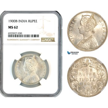 AK334, India (British) Victoria, 1 Rupee 1900 B, Bombay Mint, Silver, NGC MS62