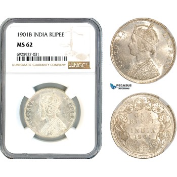 AK335, India (British) Victoria, 1 Rupee 1901 B, Bombay Mint, Silver, NGC MS62