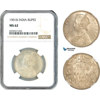 AK336, India (British) Victoria, 1 Rupee 1901 B, Bombay Mint, Silver, NGC MS62