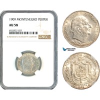 AK341, Montenegro, Nicholas I, 1 Perper 1909, Silver, NGC AU58