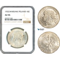 AK343, Poland, 10 Zlotych 1932, Warsaw Mint, Silver, NGC AU55