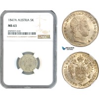 AK348, Austria, Ferdinand I, 5 Kreuzer 1847 A, Vienna Mint, Silver, NGC MS63