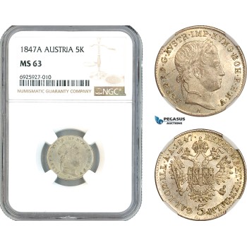 AK348, Austria, Ferdinand I, 5 Kreuzer 1847 A, Vienna Mint, Silver, NGC MS63