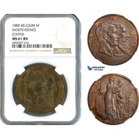 AK350, Belgium, Leopold II, 5 Francs 1880 Copper Medallic Issue, 50 Years of Belgian Independence, NGC MS61BN