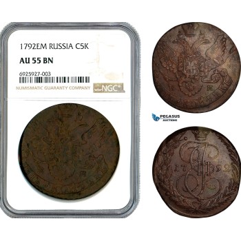 AK353, Russia, Catherine II, 5 Kopeks 1792 EМ, Ekaterinburg Mint, NGC AU55BN