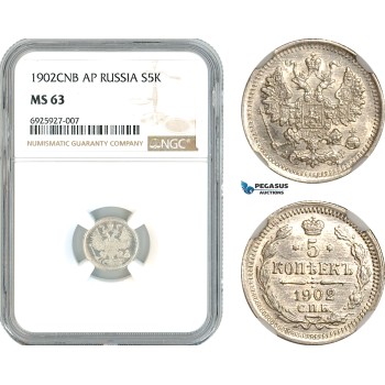 AK356, Russia, Nicholas II, 5 Kopeks 1902 СПБ AP, St. Petersburg Mint, Silver, NGC MS63