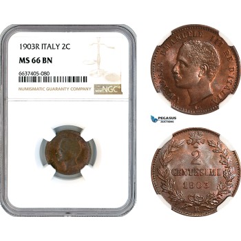 AK368, Italy, Vittorio Emanuele III, 2 Centesimi 1903 R, Rome Mint, NGC MS66BN, Top Pop!