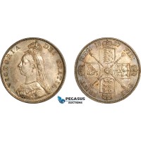 AK399, Great Britain, Victoria, Double Florin (4 Shillings) 1887 (Jubilee Head) Arabic 1 in Date, London Mint, Silver, Toned AU-UNC