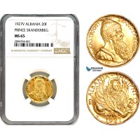 A10-5, Albania, Amet Zogu I, 20 Franga Ari 1927 V, Vienna Mint, Gold, KM# 12 (Prince Skanderbeg) NGC MS65