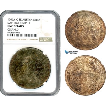 A10-23, Austria, Joseph II, Taler 1766 A  IC-SK, Vienna Mint, Silver, Dav-1161, Mottled toning, NGC UNC Details "Cleaned"