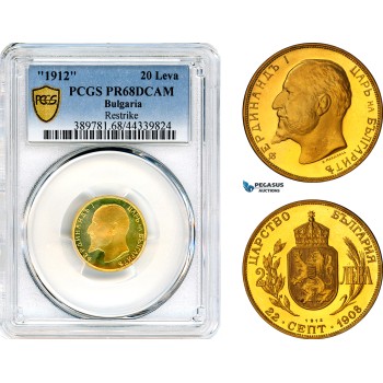 A10-93, Bulgaria, Ferdinand I, 20 Leva 1912 Restrike (1967-1968, National Bank Issue) Sofia Mint, Gold, KM# 33, PCGS PR68 DCAM