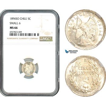 A10-142, Chile, 5 Centavos 1896 SO, Santiago Mint, Silver, Small 6, KM# 155.5, NGC MS66, Top Pop!