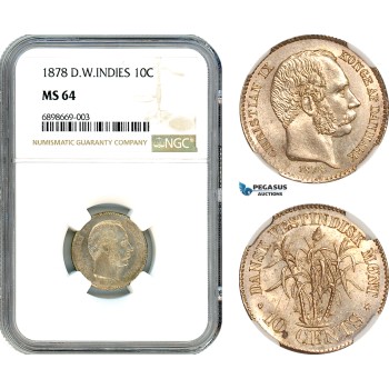 A10-173, Denmark, Danish West Indies, Christian IX, 10 Cents 1878, Copenhagen Mint, Silver, KM# 70, Champagne toning, NGC MS64