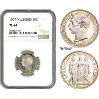 A10-175, Denmark, Danish West Indies, Frederik VIII, 20 Cents / 1 Franc 1907, Copenhagen Mint, Silver, KM# 81, Light toning, NGC PL64 