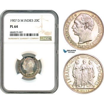 A10-175, Denmark, Danish West Indies, Frederik VIII, 20 Cents / 1 Franc 1907, Copenhagen Mint, Silver, KM# 81, Light toning, NGC PL64