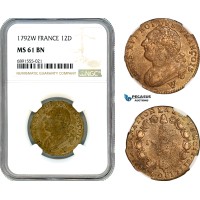 A10-195, France, Louis XVI, 12 Deniers 1792 W, Lille  Mint, Gad-15, NGC MS61 BN