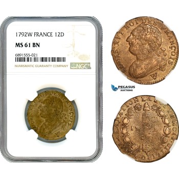 A10-195, France, Louis XVI, 12 Deniers 1792 W, Lille  Mint, Gad-15, NGC MS61 BN