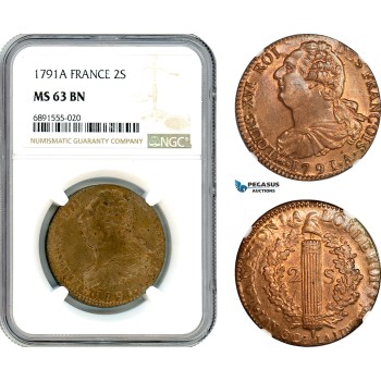 A10-196, France, Louis XVI, 2 Sols 1791 A, Paris Mint, Gad-25, NGC MS63 BN