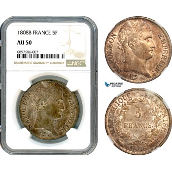 A10-202, France, Napoleon I, 5 Francs 1808 B, Rouen Mint, Silver, Gad-583, Old cabinet toning, NGC AU50