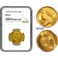 A10-208, France, Napoleon I, 40 Francs 1809 M, Toulouse Mint, Gold, Gad-1025, Very flashy! NGC MS63, Top Pop!